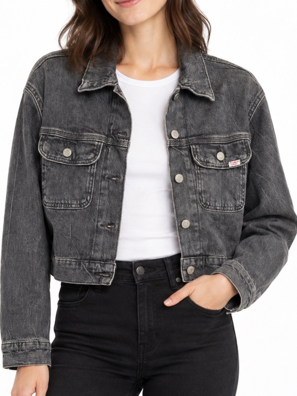 Signature by Levi Strauss Black Acid Wash Cropped Denim Jacket XS